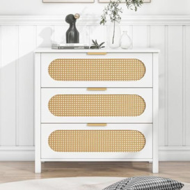 Merax Chest Tier Cabinet with Wooden Legs, Modern Sideboards with Spacious Storage for Living Room Bedroom Kitchen Hallway, White 3 Rattan Drawers, 80 x 40 x 78cm