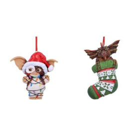 Nemesis Now Gremlins Gizmo in Fairy Lights Hanging Festive Decorative Ornament, Red, Housewarming & Gremlins Mohawk in Stocking Hanging Festive Decorative Ornament 12cm, Resin, Green
