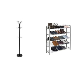 Amazon Basics Hat and Coat Stand Rack - Black, 32.7L x 32.7W x 176H cm & KEPLIN 5 Tier Shoe Rack, Shoe Storage Organiser, Quick Assembly No Tools Required