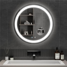 Mondeer 600mm Round Bathroom Mirror with LED Lights, Illuminated Wall Mounted Vanity Mirror with Memory Function Demister and Detachable 5x Magnifier, for Bathroom (3000 K - 6500 K)