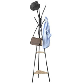 BAKAJI Black Floor Coat Rack Space-Saving Toronto Model, Floor Stand with 5 Hooks and 2 Shelves for Entrance, Clothes Stand for Coats, Hats, Bags