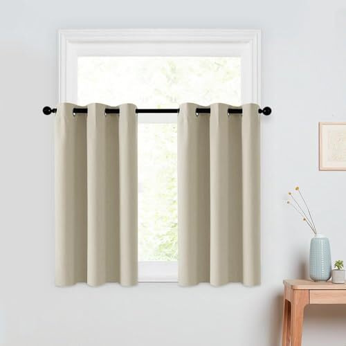 Set of 2 Short Curtains, Bistro Curtain, Half Window Curtains for Bedroom, Privacy Curtain for Windows, Energy Saving Curtain for Bathroom, 65 x 75 cm, Beige