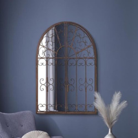 "The Kirkby - Dark Metal Rustic Framed Decorative Arched Wall Mirror with Opening Doors 53"" X 35"" (135CM X 89CM max). Closed doors 35"" X 28"" (89cm X 70cm)."