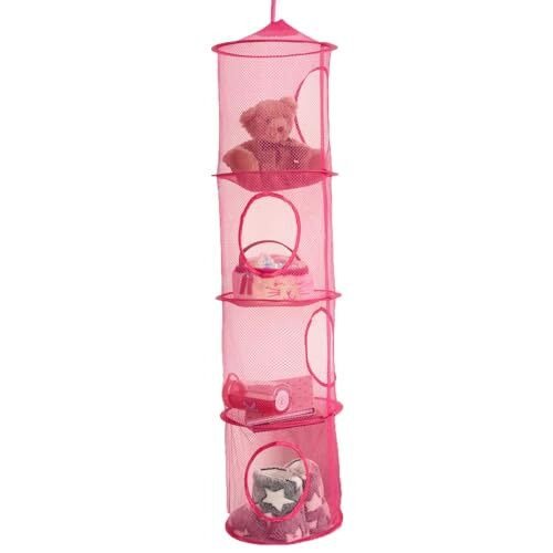 OHS Teddy Storage for Kids Pink, Hanging Toy Storage Clothes Books Socks Towels 4 Layer Kids Bedroom Mesh Net Ceiling Hanging Basket Storage, Extra Large