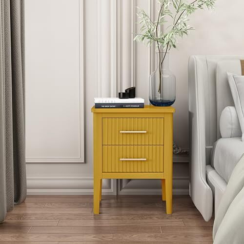 Cabinet Bits Bedside Table, Pine Wood, Yellow, One Size
