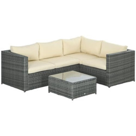 Outsunny 3 Pieces PE Rattan Garden Furniture Set with 10cm Thick Cushions, 4 Seater Outdoor Patio Corner Sofa Set with Glass Top Coffee Table, Beige