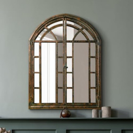 "The Kirkby - Dark Metal Rustic Framed Arched Wall Mirror with Opening Doors 43"" X 31"" (110CM X 78CM max). Closed doors 31"" X 24"" (78cm X 61cm)."