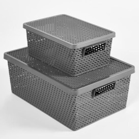 OHS Rattan Basket with Lids Grey, Plastic Storage Baskets for Shelves Organiser Storage for Kitchen Bathroom Bedroom Office Weave Shelf Storage Boxes with Lids, Set of 2