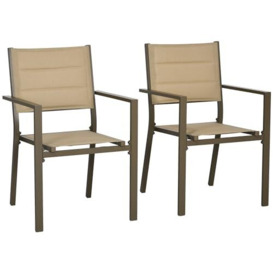 Outsunny 2 Pieces Garden Dining Chairs, Aluminium Outdoor Armchair for 2 with Breathable Mesh Fabric, Stackable Design, Khaki