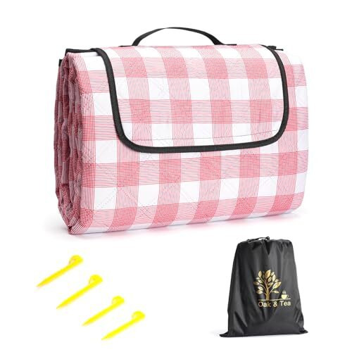 Oak & Tea Picnic Blanket Waterproof, Large Foldable Beach Mat Camping Blankets 150x200cm with 4 corner loops, Outdoor rug with Carry Handle for Camping,Plaid Pattern Red & White (Red, 200x200 cm)
