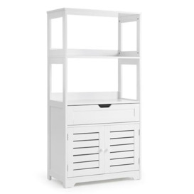 Mondeer Bathroom Cabinet, Freestanding Tall Cabinet with 1 Drawer, 1 Cupboard and 2 Open Storage Shelves, Modern Louvered Door Design, 60x30x119cm, White