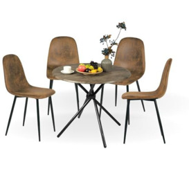 FurnitureR Round Dining Table and Chairs Set 4, Small Dining Table, Vintage Brown Dining Table and Brown suede Chairs, Dining Room Set Small Table set (80cm)
