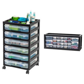 IRIS USA 6-Tier Scrapbook Rolling Storage Cart with Organizer Top & 26 Drawer Stackable Storage Cabinet for Hardware Crafts and Toys, 55.1 cm W x 17.8 cm D x 22.2 cm H, Black - Small Organizer