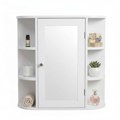 Relaxdays Wall-Mounted Mirror Cabinet with 6 Shelves and 4 Compartments, 58x61x18 cm, White