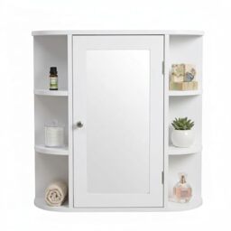 Relaxdays mirror cabinet, 6 shelves, 4 compartments, HxWxD: 58 x 61 x 18 cm, wall-mounted, bathroom cabinet, white