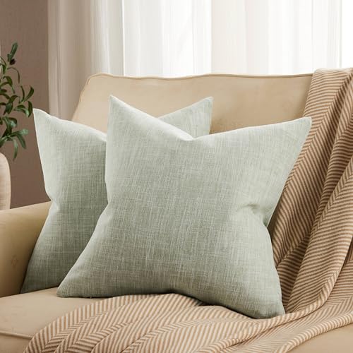 ZeeMart Rustic Linen Throw Pillow Covers Set of 2, Green 16x16in - Textured Pillow Case, Rustic Cotton Linen Fabric, Modern Farmhouse Cushion Covers for Sofa Bed Living Room Home Decor