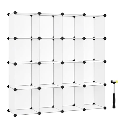 SONGMICS 16 Storage Unit, Shoe Rack, DIY Shelving System, Stackable Cubes, PP Plastic Shelf, Wardrobe, Closet Divider, for Bedroom, Office, 125 x 31 x 125 cm, white