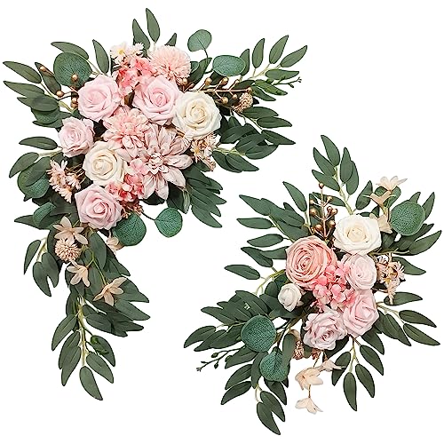 ARTFLWS Artificial Flower Swag Wedding Arch Flowers Set of 2 Rose Flower Swag Arrangements for Wedding Party Welcome Ceremony Sign and Reception Backdrop Floral Decoration (Pink)