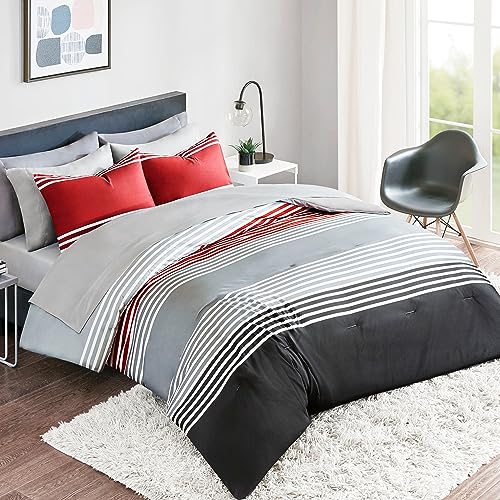 "Comfort Spaces Cozy Comforter with Complete Sheet Set with Side Pocket, All Season Cover, Matching Shams, Microfiber, Colin Red/Grey, Full(80""x90"")"