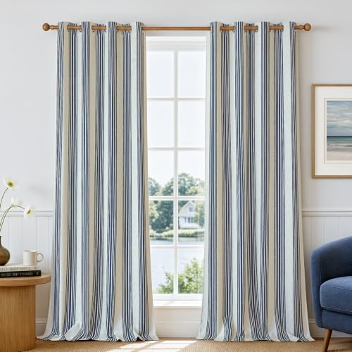 DriftAway Chris Linen Blackout Curtains with Thermal and Sound Reducing Layer 102 Inches Long for Bedroom Striped Printed Drapes Thermal Insulated Lined Window Treatments for Living Room Dark Blue