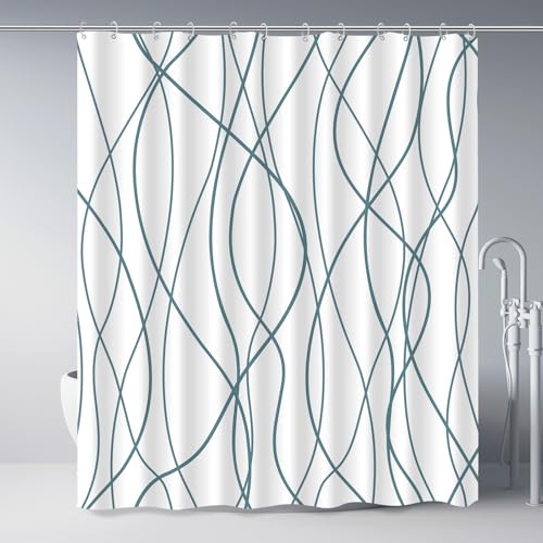 "Punkray Striped Shower Curtain with Hooks, Weighted Hem Shower Curtains Water Repellent Machine Washable, Lake Blue, 72"" W x 72"" L"