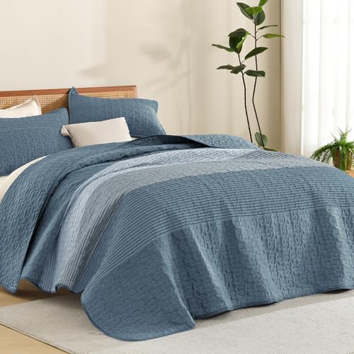"Litanika Super King Quilt, 3 Pcs Blue and Linen Stripe Bedding Set - Summer Bedspread with 2 Shams,Lightweight Coverlet for All Season (120""x120"")"