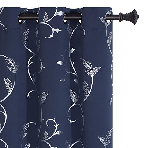 BUHUA Navy Room Darkening Curtains Printed Flower Vine Noise Reducing Window Drapes for Kids Room 38W??96L Inch 1 Pair