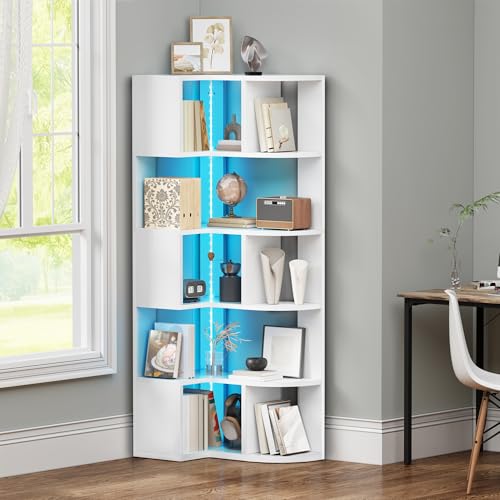 YITAHOME 6 Tier corner bookcase with LED, L shaped bookshelf, corner shelf unit, Floor Standing book shelf Display storage shelves for Office, Study, Living Room, Bedroom, 64 x 41.5 x 159.5 cm, White
