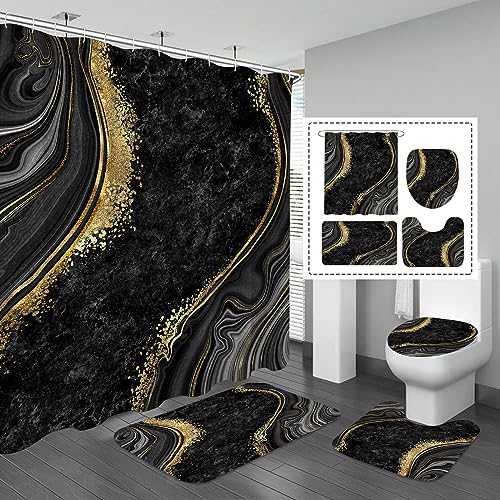 Gibelle 4 Pcs Luxury Marble Shower Curtain Set with Non-Slip Rugs, Toilet Lid Cover and Bath Mat, Black Gold Bathroom Decor Set with Shower Curtain and Rugs and Accessories