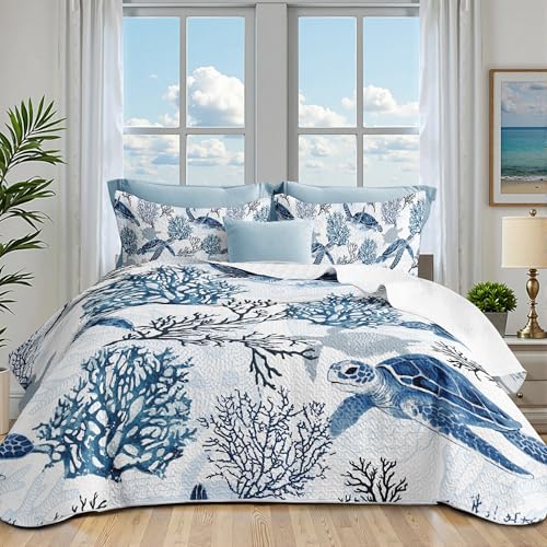 weesire Nautical Beach Bedspreads Navy Blue Ocean Coastal Coverlet Sets Summer Comforter Set for All Season Quilt King Size with 2 Shams Turtle Coral Coastal Bedding