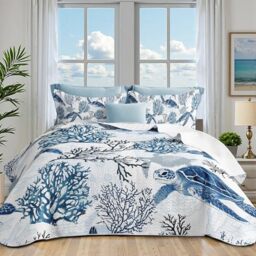 weesire Nautical Beach Bedspreads Navy Blue Ocean Coastal Coverlet Sets Summer Comforter Set for All Season Quilt King Size with 2 Shams Turtle Coral Coastal Bedding