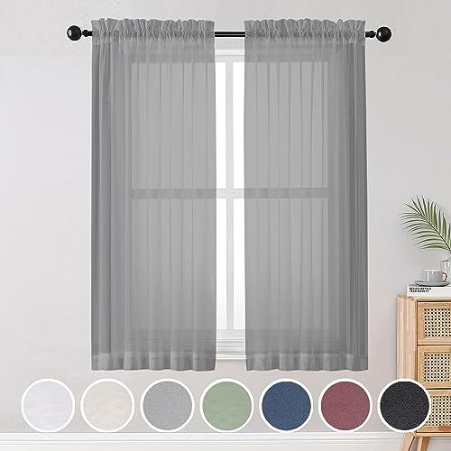 "OWENIE Gray Sheer Curtains, Sheer Curtains 63 inch Length 2 Panels Set, Rod Pocket Voile Fimly Sheer Drapes for Living Room/Bedroom, 2pcs, Each 42"" W x 63"" L"