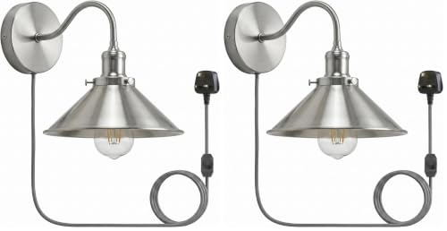 LEDSone Modern Vintage Retro Industrial Wall Sconce Light Plug in Wall Lamp with Satin Nickel Arm Lamp Shade, Dimmer Switch with 4m Cable (Pack of 2)