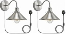 LEDSone Modern Vintage Retro Industrial Wall Sconce Light Plug in Wall Lamp with Satin Nickel Arm Lamp Shade, Dimmer Switch with 4m Cable (Pack of 2)