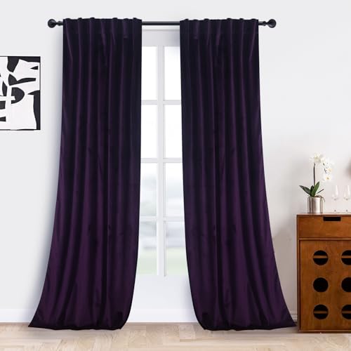 Roslynwood Deep Purple Velvet Curtains 108 inches - Super Soft Home Decor Room Darkening Curtains Thermal Insulated Velvet Drapes for Bedroom/Living Room, W52 x L108 inch, 2 Pcs