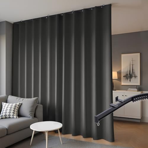 hoeflife Room Divider Blackout Curtains & Ceiling Curtain Track Set Wall Mount Extra Wide Track Curtains Flexible Sliding Curtain Rod Room Separation Privacy???W 108 x H 84 in Black Drape & Black Rail???