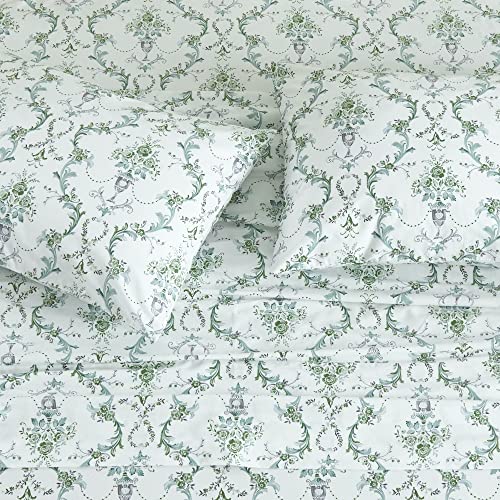 DAUAOTO 100% Cotton Single Bed Sheets Set Twin Size Printed Bedding Sets, Up to 14'' Deep Mattress, Botanical Vines Pattern Bedlinen Set, Green