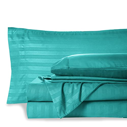 Mocassi Twin Stripe Sheet Set - Luxury Hotel 1800 Premier Bedding Sheets & Pillowcases - Ultra Soft Breathable & Cooling Bed Sheets - Wrinkle Resistant - 4 Piece Set - Twin, Teal