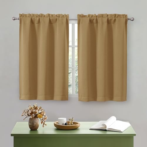OWENIE Gold Kitchen Curtains 36 Inch Length, Short Blackout Small Thermal Insulated Curtains Tier Over Sink Rod Pocket Half Window for Bathroom Bedroom Camper RV Bunk, 2 Panels, Each 30Wx36 L