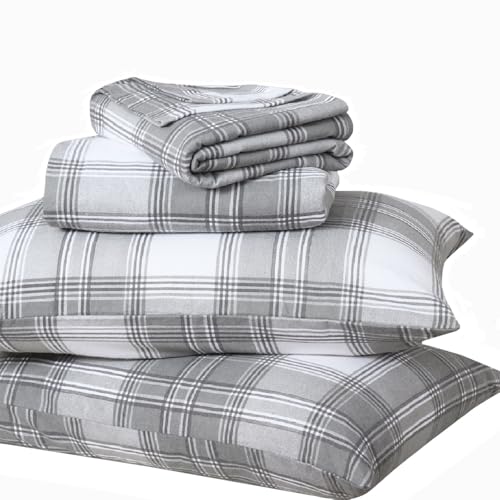 Briarwood Home?? Printed Flannel Sheet Set, 100% Natural Cotton, Soft, Warm & Deep Pocket, Advanced Nano-Tech Making it Resistance to Pilling Brushed 6 Times for Softness (Grey Plaid, King)