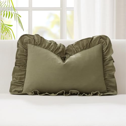 Kevin Textile 14x24 Inch Long Lumbar Pillow Cover 1 Pack 100% Cotton Lace Ruffles Scalloped Decorative Rectangle Cushion Case Soft Pillow for Bedding Couch Sofa, Olive Green