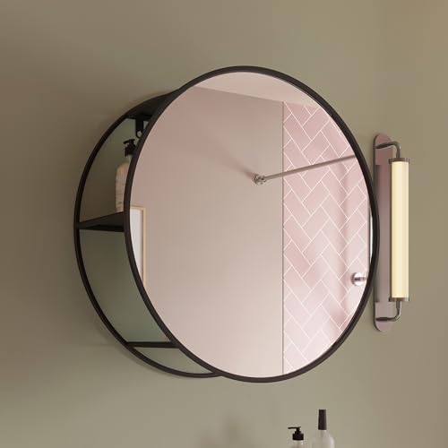 Croydex 500mm Matt Black Circular Bathroom Mirror with Shelves Safety Backed Glass, Wall Mounted, 3 Fixed Height Shelves, No Assembly Required, Fittings & Fixings Included