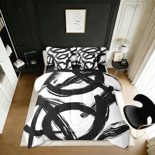 Erosebridal Black White Abstract 7 Piece Comforter Set Twin Bed in A Bag Modern Graffiti Minimalist Line Bedding Set Simple Sketch Cool Unique Geometric Sheet Set Ink Painting Aesthetic Quilt