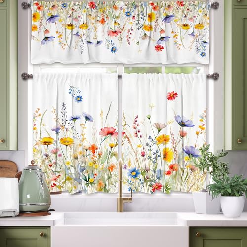 cusugbaso 3 Piece Spring Kitchen Curtains and valances Set, Random 2 Styles Summer Floral Cafe Curtain 36 inch Length Black & White Buffalo Plaid Kitchen Decor