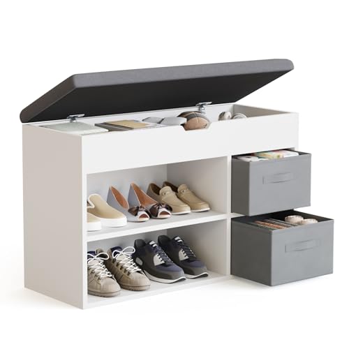Mondeer Shoe Bench with Seat, Shoes Storage Rack Wooden with Non-woven Drawer and Hinged Flip Top Cushion for Living Room Hallway Cloakroom Entryway, 80 x 48 x 30 cm (White)