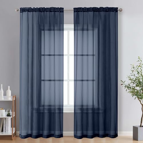"OVZME Extra Long Sheer Curtains 95"" Length for Home French Door, Rod Pocket Voile Window Treatment for Living Room, Navy Blue, 2 Panels of 42W x 95L."