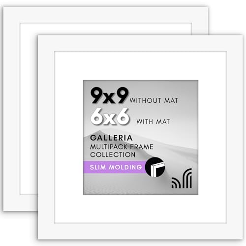 Americanflat 9x9 Picture Frame with Polished Plexiglass - Set of 2 - Use as 6x6 Frame with Mat or 9x9 Frame Without Mat - Galleria Collection - Photo Frames for Tabletop and Wall Display - White