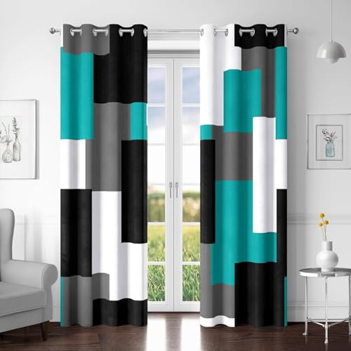 Tyrot Teal/Turquoise 100% Blackout Curtains for Bedroom 84 inch Length 2 Panels Set Black White Grey Modern Abstract Geometric Black Out Curtains Room Darkening Window Drapes for Living Room, 52Wx84L