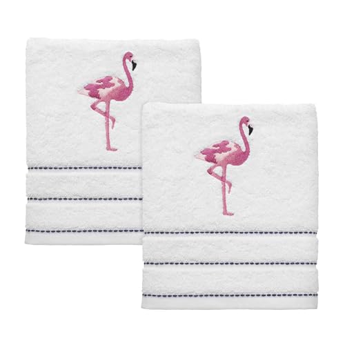 Izod Bathroom Accessories Flamingo Collection, 2pc Hand Towels, White - 100% Cotton, 2-Pack, Soft & Absorbent, Quick-Dry, Machine Washable, Decorative Bathroom Accent