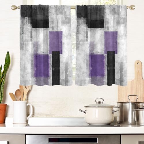 "AAtter Purple Black Kitchen Curtains, Abstract, 27.5"" W x 39"" L, 2 Panels - Plum with Grey Rod Pocket Small Short Bathroom Window Tiers, Geometric Plaid, Modern Ombre, Cool Trendy Neutral Checkered"